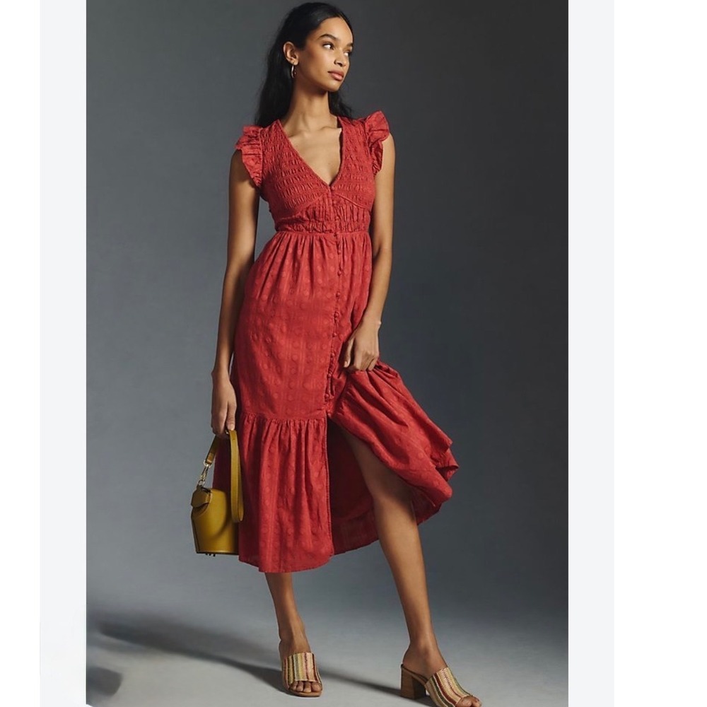 Anthropologie The Peregrine Midi Dress Red Smocked Flutter Sleeve Tonal Dot S